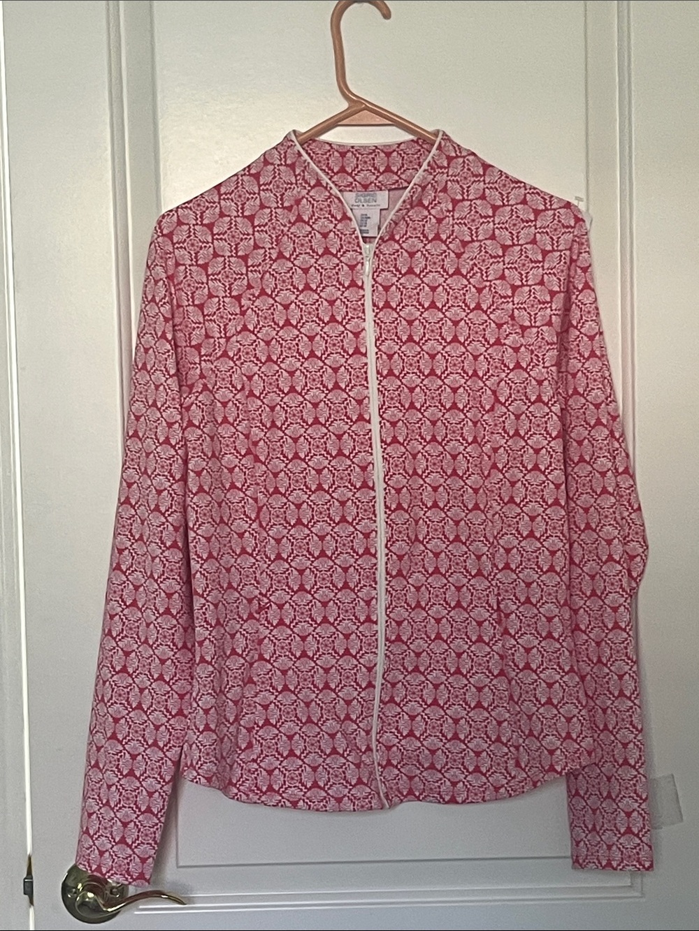Sigrid Olsen Pink White Patterned Long-Sleeve SPF Golf Tennis zip jacket top NWT